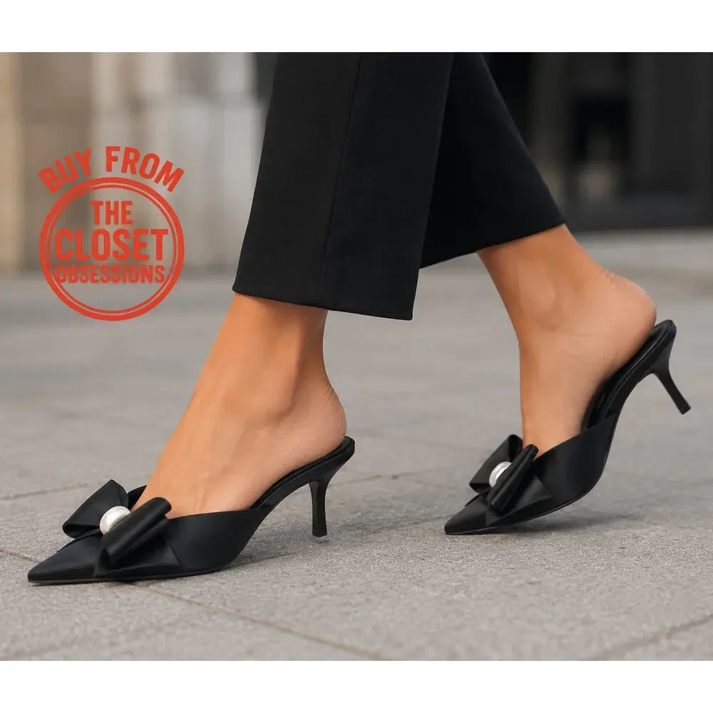 ZARA Black Satin Bow Pearl Slingback Heels NWT Pointed Toe Size 6.5